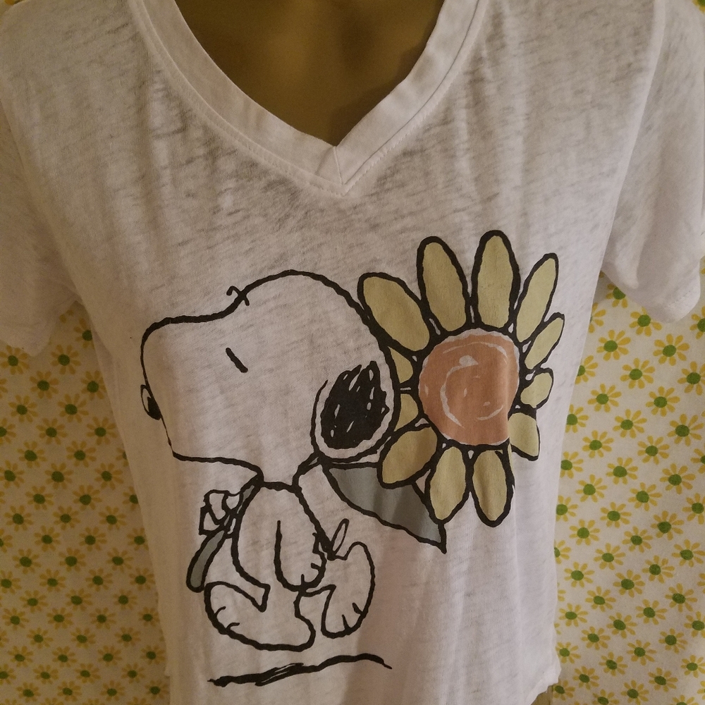 White Women's Peanuts Snoopy Dog Sunflower Daisy Short Sleeve T Shirt